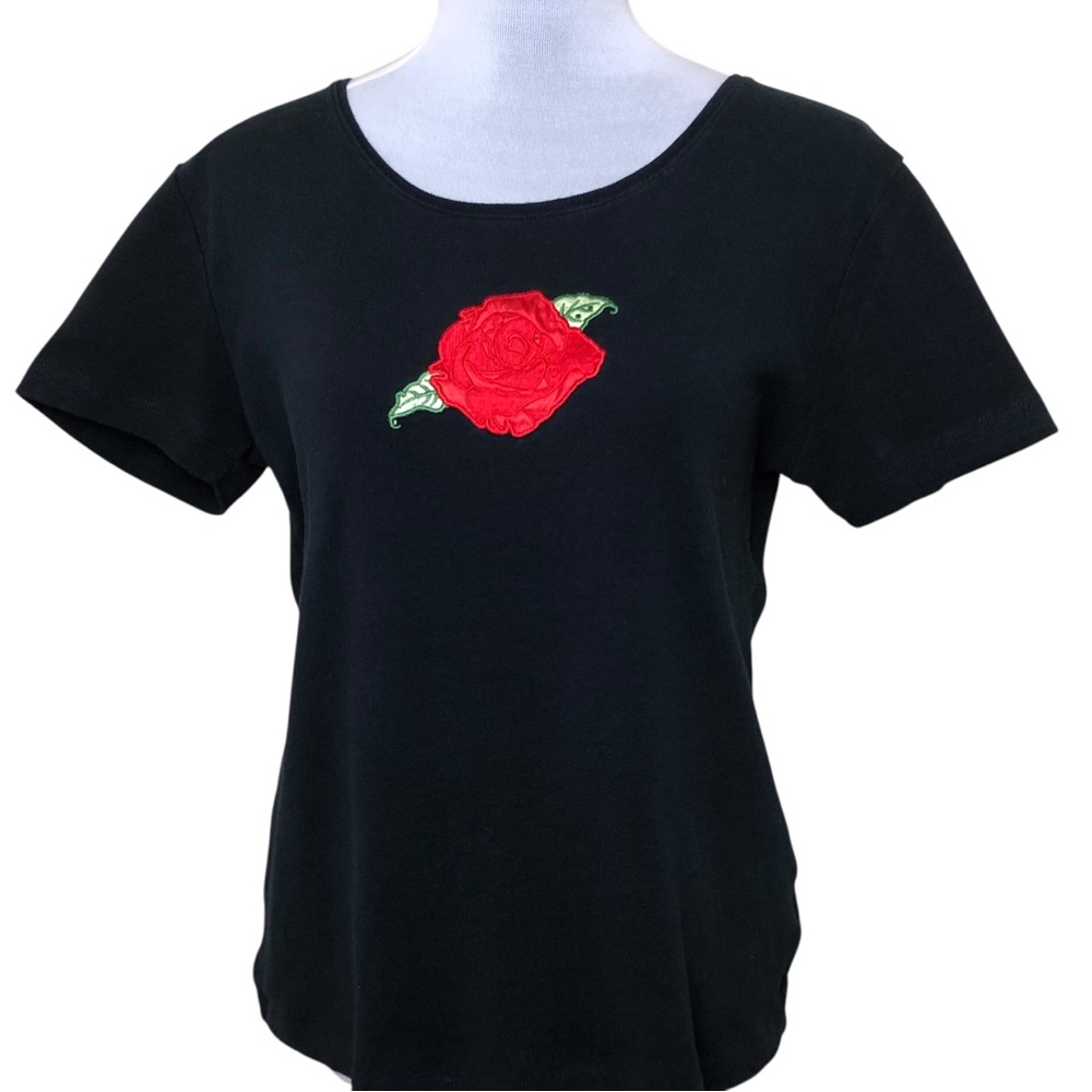 Greensource 100% Organic Cotton Black Stretch T-shirt w/ Rose Women’s Size L